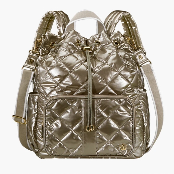 NWT Oliver Thomas Maxed Out Bucket Backpack Crossbody Bag Silver Taupe Metallic - Picture 11 of 11